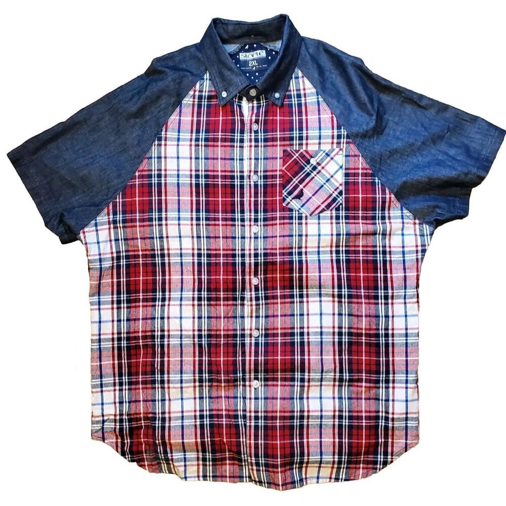 Staple Men's Button Down Plaid/Denim Shirt Size 2XL Pidgeon Embroidery